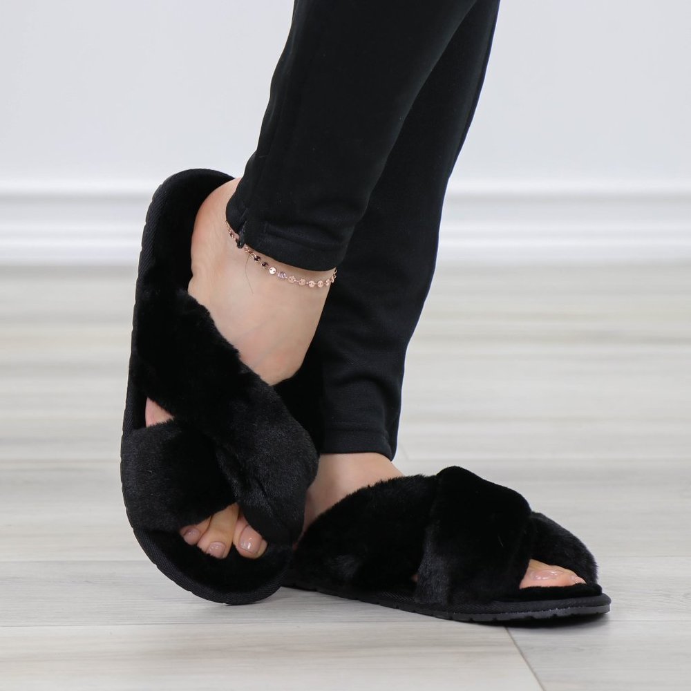 Cross Strap Black Puff Fuzzy Furry Fluffy Slip On Plush Slippers - Picture 9 of 12